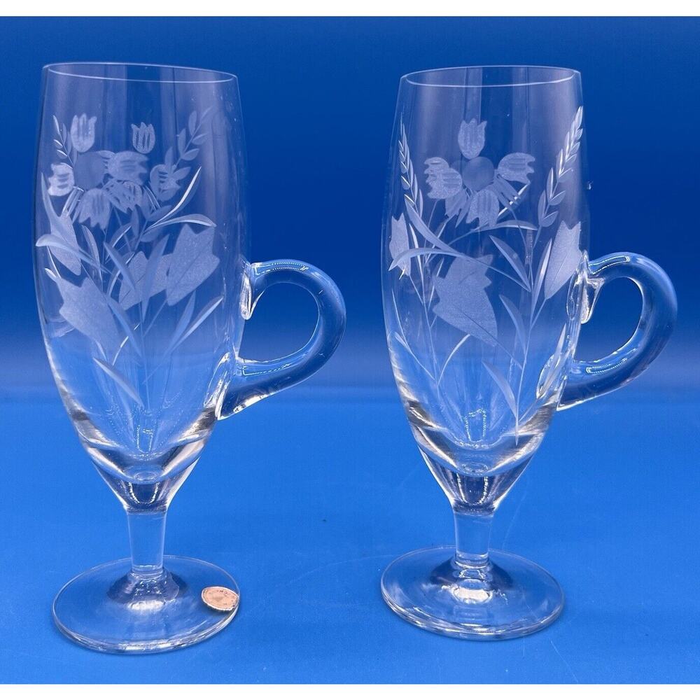 Etched Wheatgrass Pedestal 6-inch Hand Blown Glasses with Finger Handles